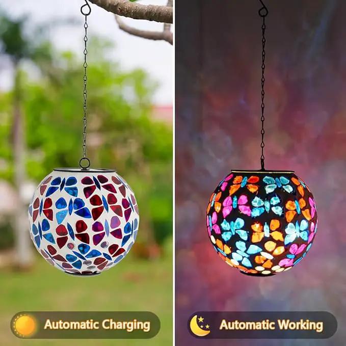 Hanging Solar Lanterns Outdoor Waterproof, Decorative Mosaic Butterfly Solar Lantern, Gazing Ball Globe Hanging Lantern for Patio Garden Yard Home Decor by GreenHaven Gardens