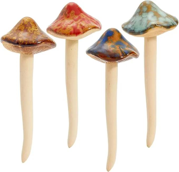 Juvale 4 Pack 5-inch Ceramic Mushroom Plant Garden Ornament and Decor - Outdoor Decoration Stakes for Planter Pots by GreenHaven Gardens