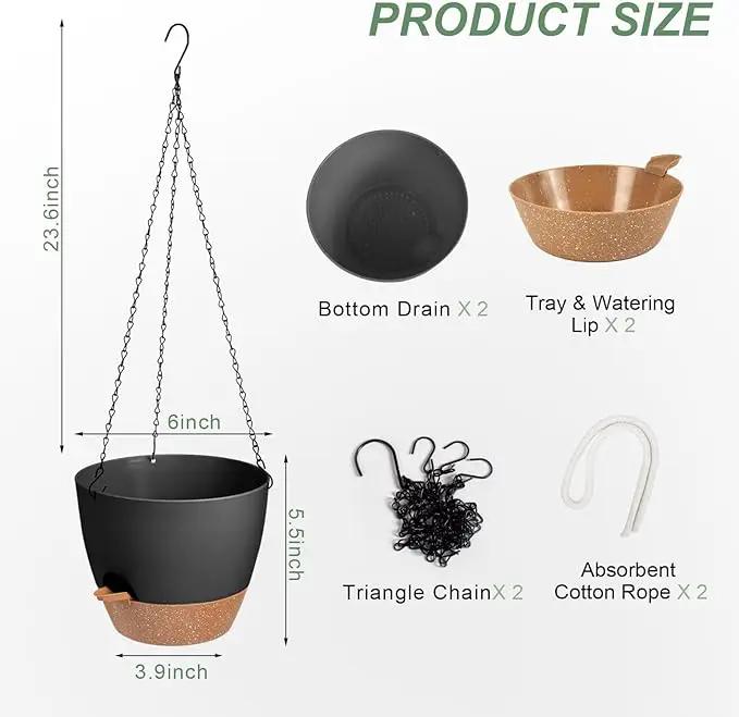 Hanging Planters for Indoor Outdoor Plants, 2 Pack Self Watering Hanging Pot with Drainage Holes & Removable Tray (Black, 6'') by GreenHaven Gardens