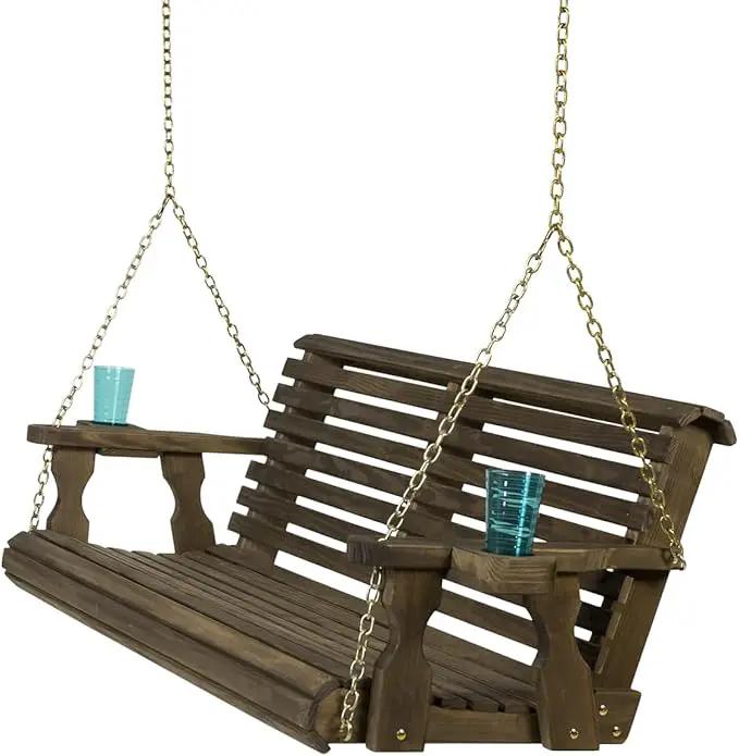 Amish Casual 5 Foot Roll Back Porch Swing with Cup Holders in Dark Walnut Stain - Amish Made in The USA from Treated Pine Heavy Duty 700 Lb. Weight Capacity by GreenHaven Gardens