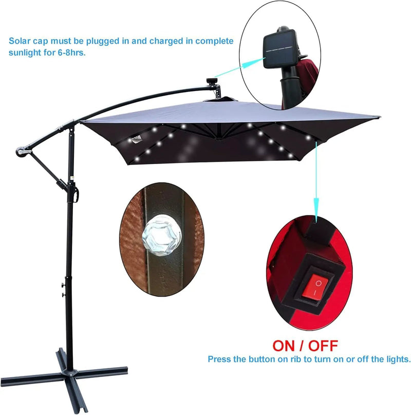 10x6.5FT Patio Umbrella, Outdoor Offset Umbrella with Cross Base and Crank, Rectangular Cantilever Umbrella with Solar Lights, Hanging Market Umbrella with 6 Rids for Pool, Deck, Backyard (Anthracite) by GreenHaven Gardens