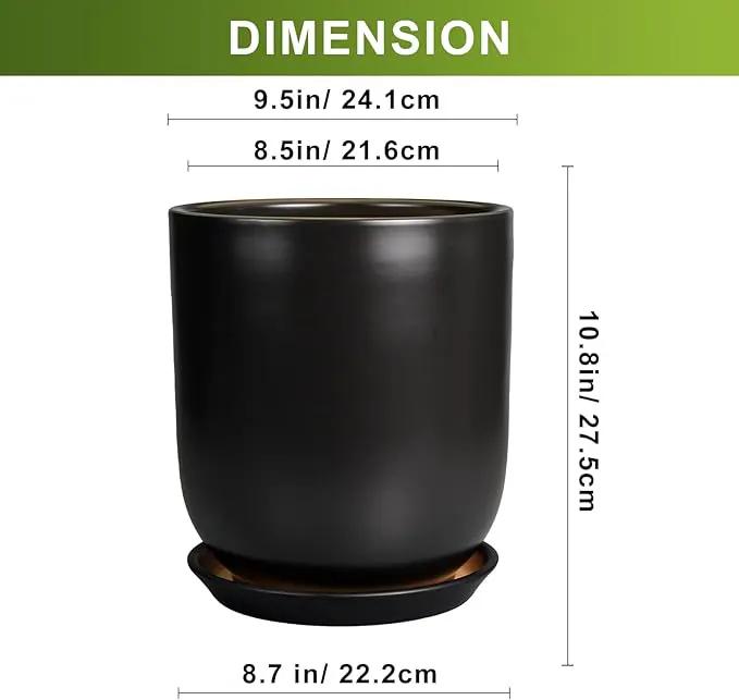 Ceramic Planter 10 Inch - Ceramic Pot for Indoor Plants Outdoor Plant Pot with Drainage Hole and Saucer Cylinder Flower Pot Black by GreenHaven Gardens