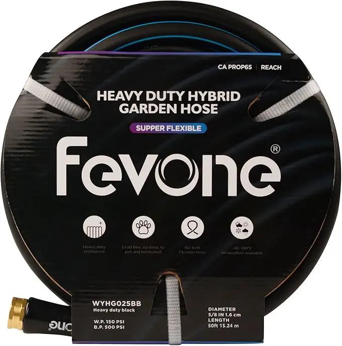 Fevone 50 ft Garden Hose, Heavy Duty Water Hose, Hybrid Polymer, Kink Resistance, Flexible, Durable, Solid Brass Fittings, 3/4" GHT, 5/8" ID, 600 PSI, by GreenHaven Gardens