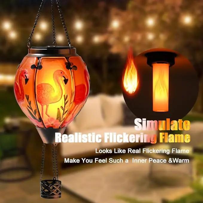 Hot Air Balloon Solar Lantern - Flamingo Bird Stained Glass Lantern with Simulated Flickering Flame, Outdoor Hanging Yard Light Waterproof IP65 & Weather Resistant for Patio Lawn Porch Decor Gfit by GreenHaven Gardens