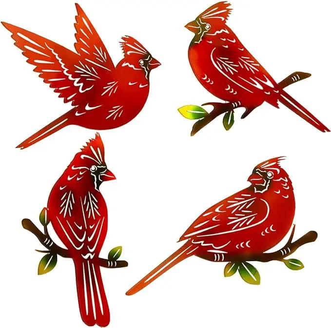 4 Pack Metal Cardinal Wall Art Decor Metal Birds 3D Outdoor Sculpture, Ornaments Hand-Made Nimble red Bird, Gifts for Mom,Birthday Gifts for Grandma Wife by GreenHaven Gardens