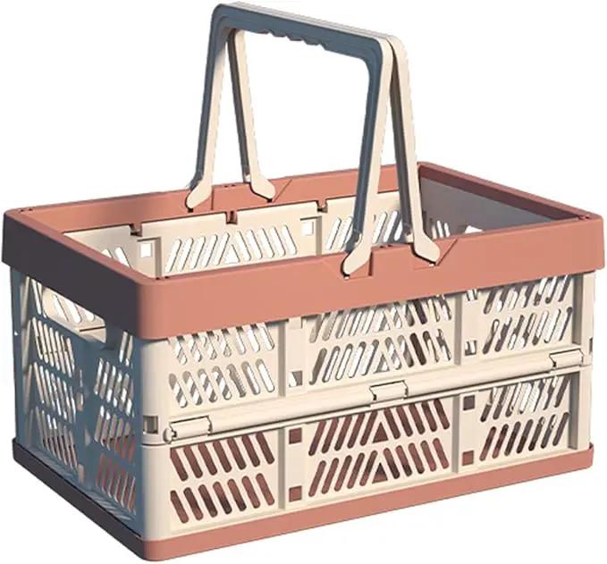 Foldable Handle Storage Crate Bin - 20L Collapsible Plastic Crate Stacking Storage Basket - Pink & Rose M by GreenHaven Gardens