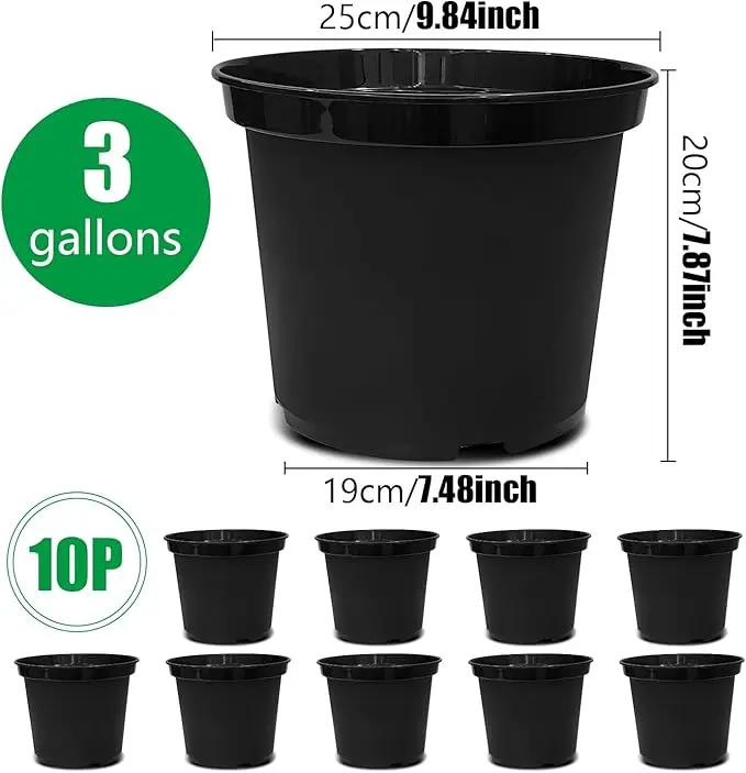 3 Gallon Plastic Nursery Pots, 10 Inch Round Plant Pots with Drainage Holes, 10 Pack Planting Pot for Outdoor Indoor Plants, Black by GreenHaven Gardens