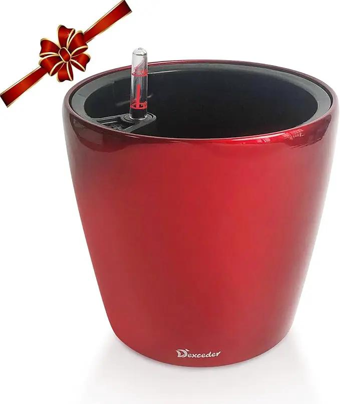 Dexceder 9x8 Inches High Gloss Self Watering Planter Indoor Outdoor, Inner Pot Design, Thickened Table Flower Plant Pot with Water Level Indicator (Red) by GreenHaven Gardens
