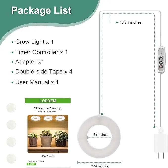 LORDEM Grow Light for Indoor Plants, 48 LEDs Ceiling Full Spectrum Plant Light, 5V Corded Growing Lamp with 4/8/12H Auto Switch, 4 Dimmable Brightness Levels, Ideal for Small Plants by GreenHaven Gardens