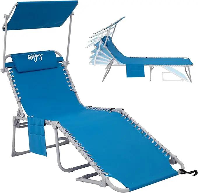 #WEJOY Folding Lounge Chair with Canopy Shade, Portable Adjustable 5-Position Patio Chaise Lounger with Pillow & Storage Pocket for Lay Flat Outdoor Lawn Backyard Beach Camping Pool Tanning (Blue) by GreenHaven Gardens