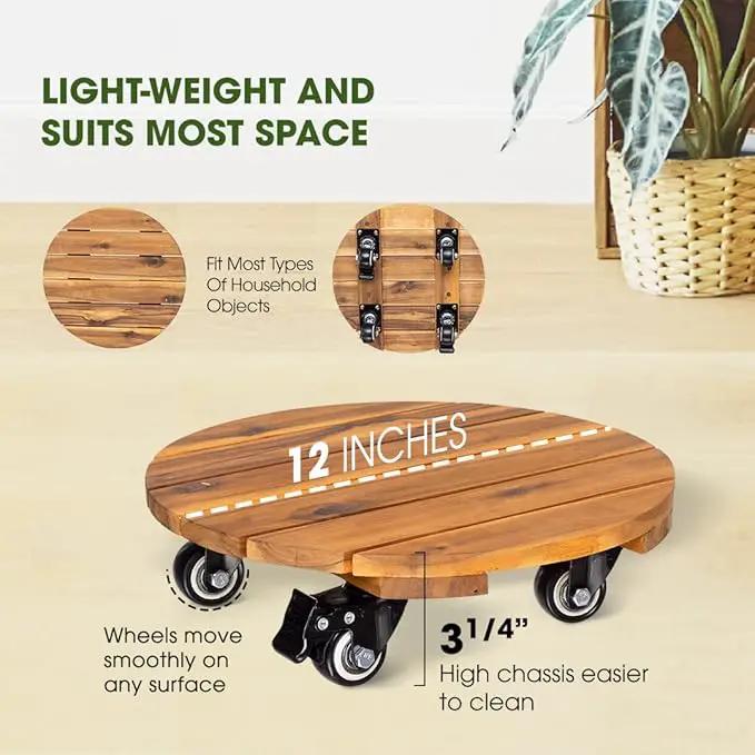 Idzo 2pack Wood Plant Caddy With Wheels Heavy Duty, 264 Lbs Capacity, 12 Inch Acacia Hardwood Plant Dolly, Plant Stand with 360° Lockable Wheels, Plant Caster for Heavy Objects Hauling - Natural Wood by GreenHaven Gardens