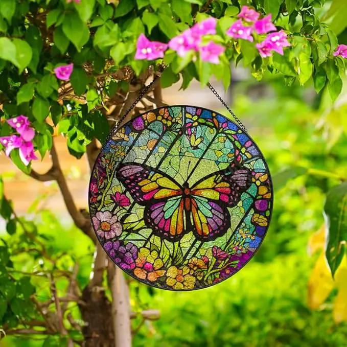 Butterfly Stained Glass Suncatcher Artistic Window Hanging,7.8” Hand-Painted Glass Panel Wall Home Decor,Gift for Women Garden Decor Suncatcher, BL009 by GreenHaven Gardens