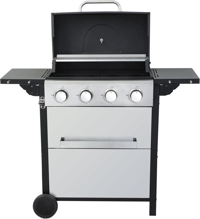 4-Burner Propane Gas BBQ Grill, 34,200 BTU Output, Wire Enamel Cooking Grates, Foldable Side Table and Hanging Basket, Stainless Steel Grill for Outdoor Cooking by GreenHaven Gardens
