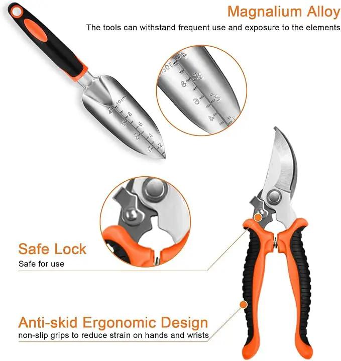 Garden Tool Set with Non Slip Rubber Grip,8 Piece Stainless Steel Gardening Tool Sets,Heavy Duty Outdoor Hand Tools Durable Storage Tote Bag,Uprooting Weeding Tool, Gifts for Women Men(Orange) by GreenHaven Gardens
