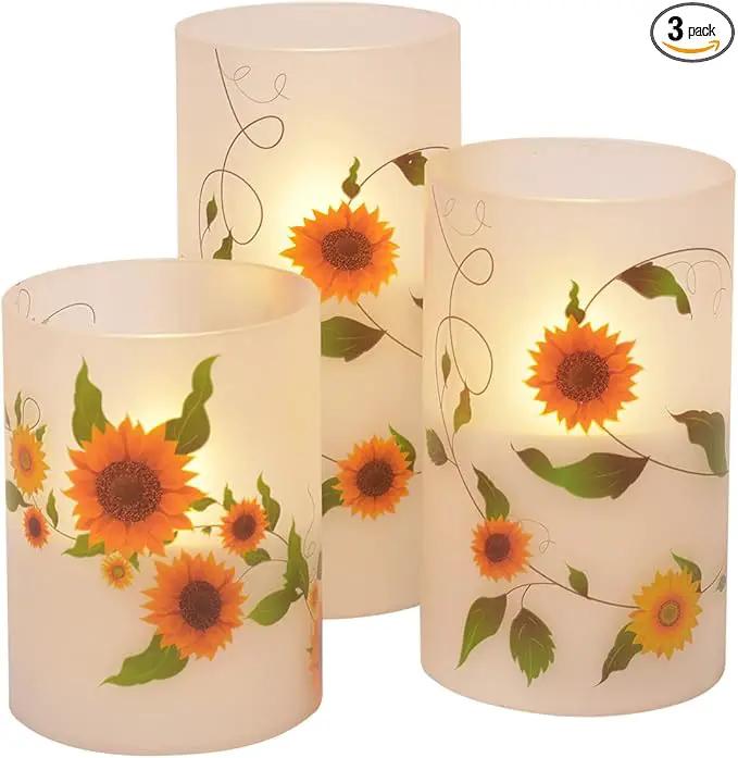 Mark Feldstein & Associates Sunflower Garden Flameless LED Glass Pillar Candles, Set of 3, 6 Inch by GreenHaven Gardens