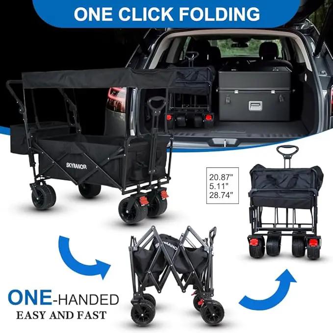 SKYMANOR Collapsible Wagon with Removable Canopy, 3-in-1 Heavy Duty Garden Cart with Big All-Terrain Wheels, Brakes, Adjustable Push Pull Handle, Cooler Bag, 300LBS Wagon Cart for Camping (Black) by GreenHaven Gardens