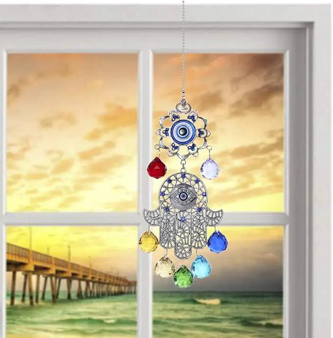 Hamsa Hand with Blue Evil Eye Protection Hanging Crystal Ornament with Chakra Energy Crystal Balls by GreenHaven Gardens
