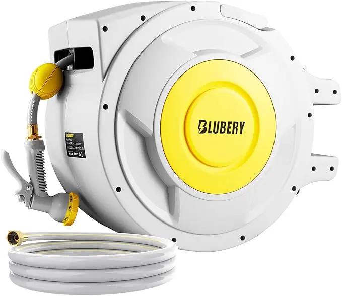 BLUBERY 130+6.7ft x 1/2" Retractable Garden Hose Reel, 40.8LB Super Heavy Duty, Any Length Lock, Slow Return System, Wide Handle, Wall Mounted and 180° Swivel Bracket, GHR02A by GreenHaven Gardens