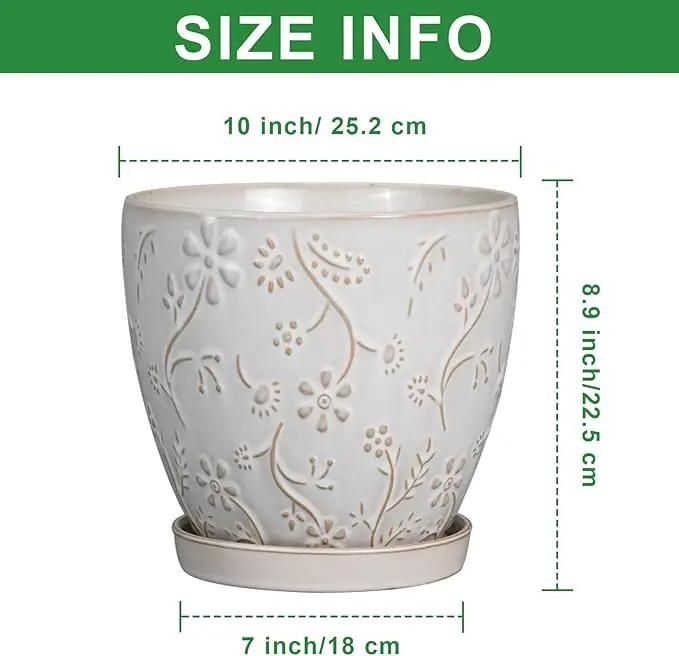 10 Inch Plant Pot Ceramic Planter Pot with Drainage Hole and Saucer Round Planter Large Flower Pot for Indoor Outdoor Plants Home Garden Decor White by GreenHaven Gardens
