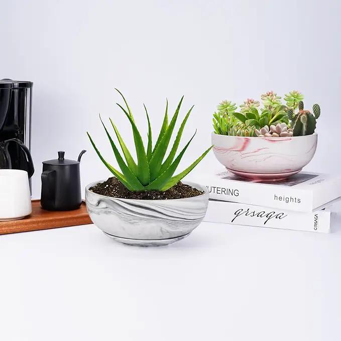 G EPGardening 8in Marble Pattern Large Round Succulent Planter Pot Modern Flower Pot Indoor and Outdoor Planter with Marble Tray by GreenHaven Gardens