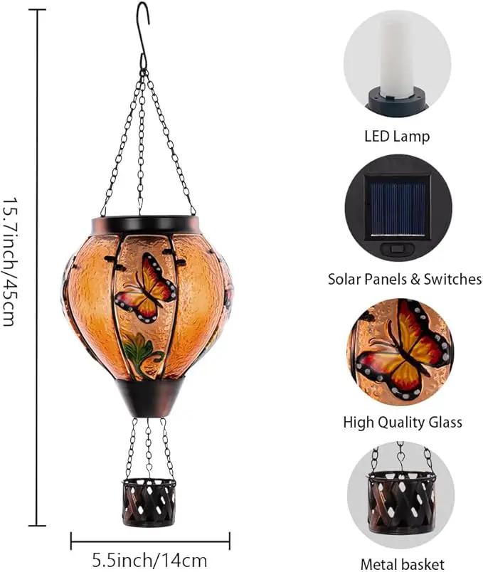 Starsoul Butterfly Hot Air Balloon Solar Lantern with Flickering Flame Light Glass Solar Powered Hot Air Balloon Lamp Waterproof Hanging Outdoor Solar Lantern for Yard Porch Backyard Decor by GreenHaven Gardens