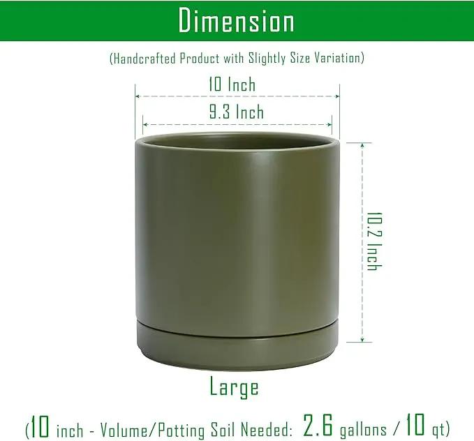 D'vine Dev 10 Inch Ceramic Planter Pot with Drainage Hole and Saucer, Indoor Cylinder Round Planter Pot, Olive, 94-O-E-J by GreenHaven Gardens