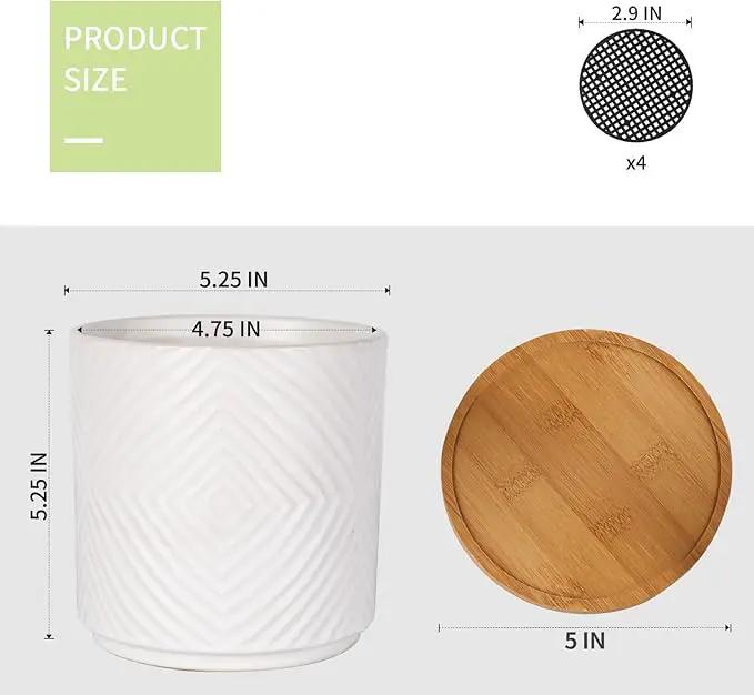 5.25 Inch Ceramic Planter Pot for Indoor Plants with Drainage Holes, Geometry Design White Flower Planter Pots with Bamboo Saucer, for Succulent, Snake Plants, Cactus & Herbs, Set of 4 by GreenHaven Gardens