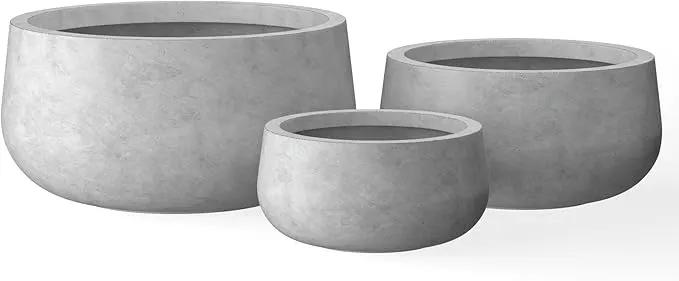 Kante 19.6",15.7",11.8" Dia Round Concrete Planters Set of 3, Outdoor Indoor Garden Plant Pots with Drainage Hole and Rubber Plug, Modern Curvaceous Design, Natural Concrete by GreenHaven Gardens