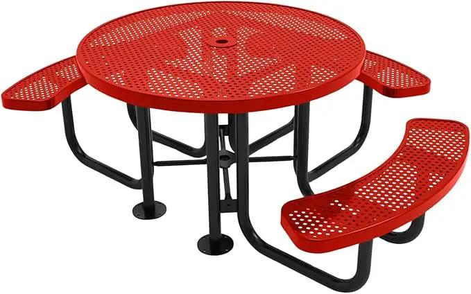 Heavy-Duty Portable Outdoor Picnic Table with Umbrella Hole, Punched Steel Patio Dining Furniture Made in America (46" Round Top, Red) by GreenHaven Gardens