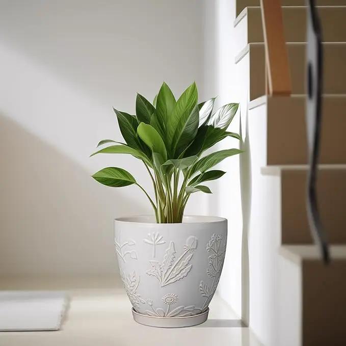 10 Inch Plant Pot Ceramic Planter Pot with Drainage Hole and Saucer Round Planter Large Flower Pot for Indoor Outdoor Plants Home Garden Decor White by GreenHaven Gardens