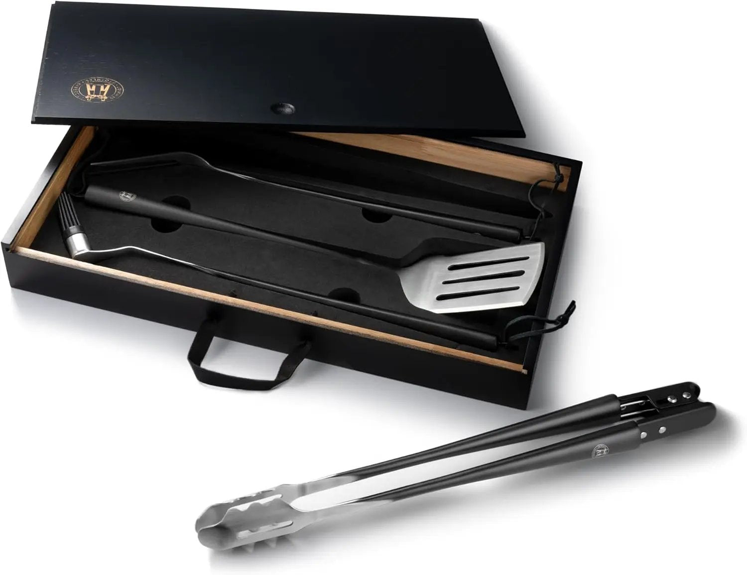 Schmidt Brothers - BBQ Carbon 6, 4-Piece Grilling Accessory Set, Full-Forged Stainless Steel Grilling Utensils Including Spatula, Fork, Basting Brush, and Tongs with All Wood Handles by GreenHaven Gardens
