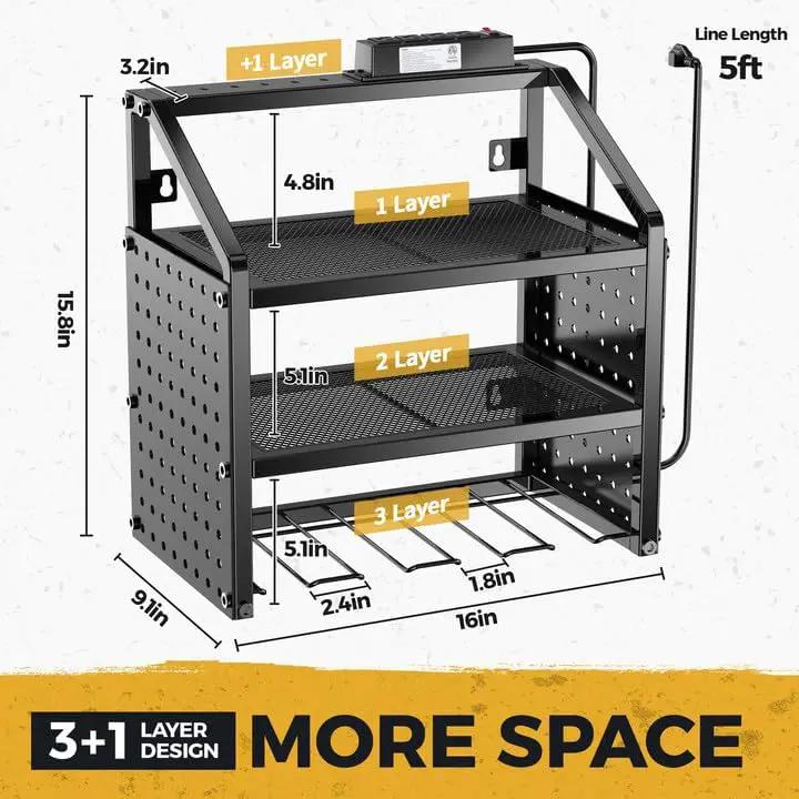LBT Heavy Duty Metal Power Tool Organizer Wall Mount with 4 Outlet Charging Station & Drill Holder, 4 Layer Garage Storage Rack 120LB, Gift for Men Dad Husband (Workshop, Anniversary, Father's Day) by GreenHaven Gardens