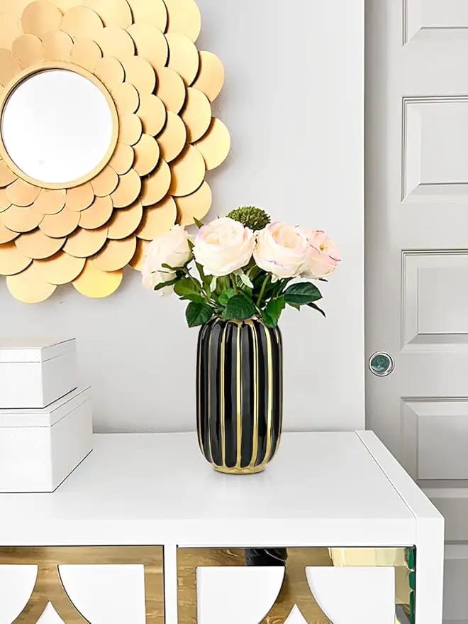 Briful Gold Plated Lantern Ceramic Vase Home Decor Creative Design Porcelain Decorative Flower Vase 8.66'' Black Ceramic Vases for Wedding Anniversary Decoration by GreenHaven Gardens