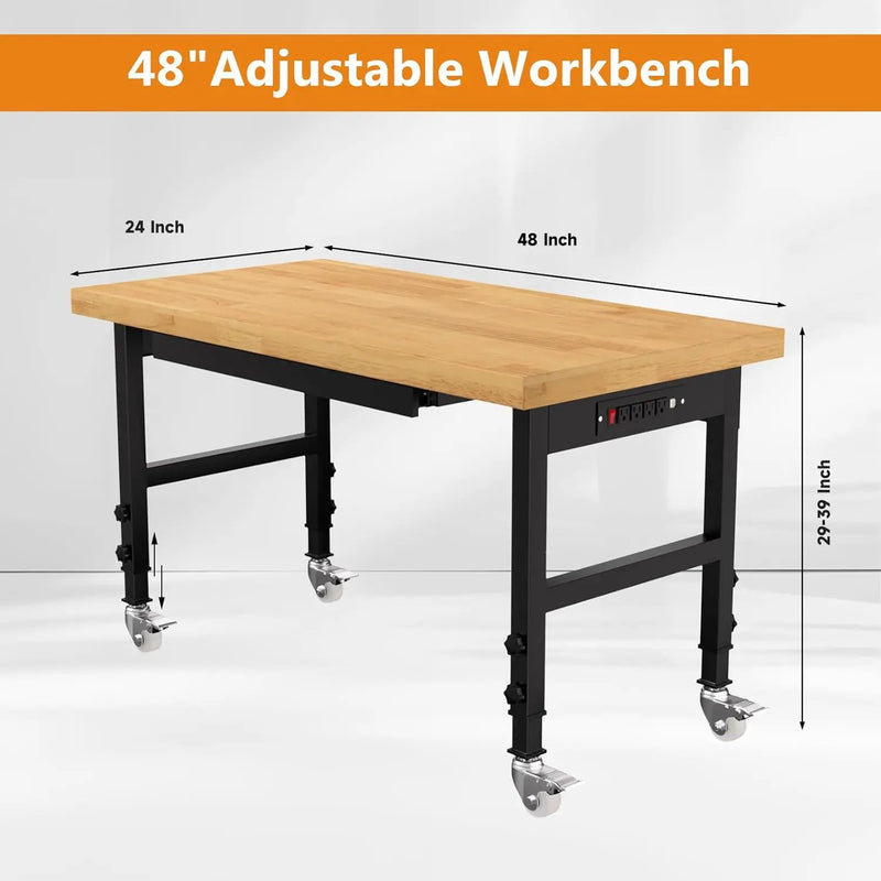 Solid Wood 48" Work Bench with Drawers, Adjustable Height Workbench with Wheels, Heavy-Duty Work Table with Power Outlets, 2000 LBS Capacity Workstation for Garage, Workshop(48" X 24") by GreenHaven Gardens