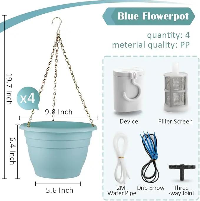 Hanging Planters 10 Inch, 4 Pcs Flower Pots Automatic Watering System Set, Self Watering Hanging Basket with Drainage Hole for Indoor Outdoor Plants, Decor, Blue by GreenHaven Gardens