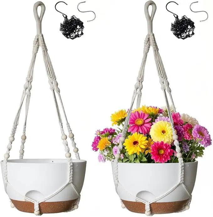 12 Inch Hanging Baskets for Plants Outdoor, Hanging Planters for Indoor Outdoor Plants, Hanging Planter with Self Watering, Hanging Flower Pots (White Planter with Macrame + Iron Hangers) by GreenHaven Gardens