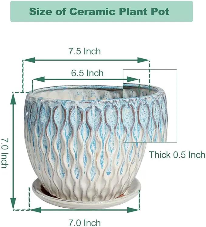 vensovo 7.5 Inch Ceramic Plant Pot with Drainage Holes and Saucer - Large Round Orchid Pot for Indoor Repotting, Ceramic Planter Maintain Air Circulation, Blue by GreenHaven Gardens
