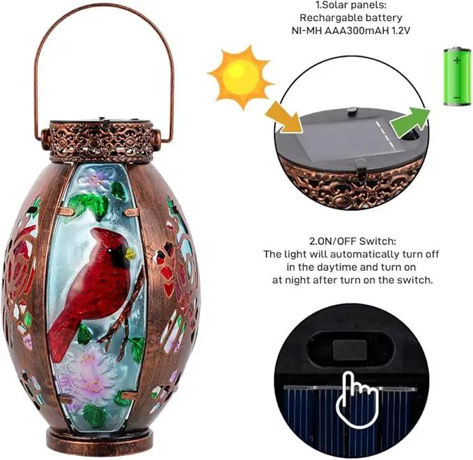 Starsoul Cardinal Outdoor Solar Lantern - Metal & Stained Glass Cardinal Solar Light, Waterproof Tabletop Lamp with Hollowed-Out Design for Yard, Patio, Garden, Pathway by GreenHaven Gardens