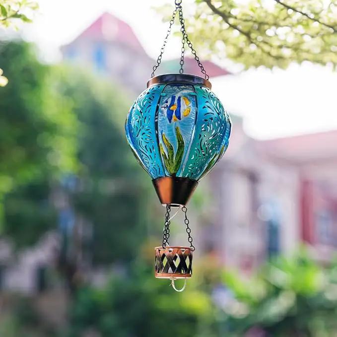 Blue Fish Hot Air Balloon Solar Lantern with Flickering Flame Hanging Solar Lanterns Outdoor Waterproof,LED Metal Hot Air Balloon Lights for Patio Yard Garden Decor,Mother Day Gifts for Women by GreenHaven Gardens