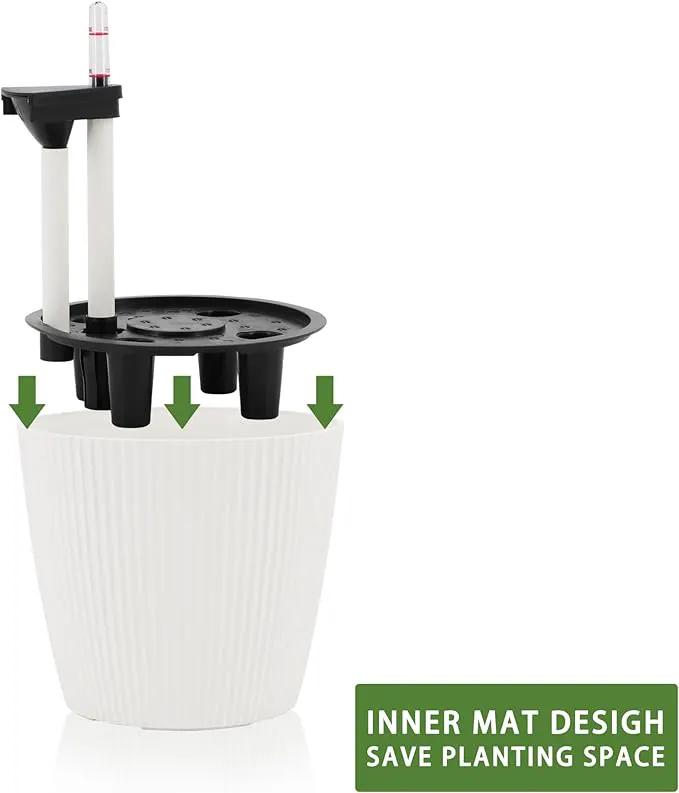 Dexceder 9x8 Self Watering Planters Indoor, Inner Mat Design, Table Flower Plant Pot with Water Level Indicator (2 Pack, White) by GreenHaven Gardens