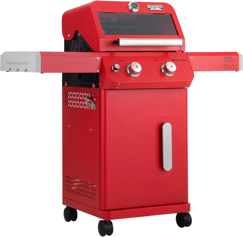 Monument Grills 2-Burner Stainless Steel Liquid Propane Gas Patio Garden Barbecue Grill with Clearview® Lid, Knob Control and Two Foldable Shelves Mesa200R, Red by GreenHaven Gardens