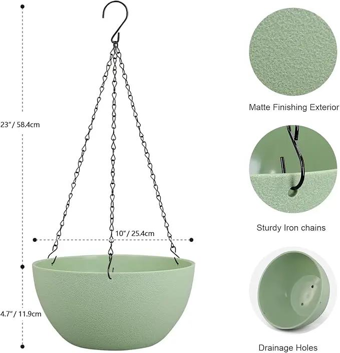 10 inch Hanging Planters Plant Pots for Indoor Outdoor Plants, 2 Pack Hanging Flower Pots with Drainage Holes and Chain for Garden Porch, Plastic Hanging Baskets for House Plants, Green by GreenHaven Gardens