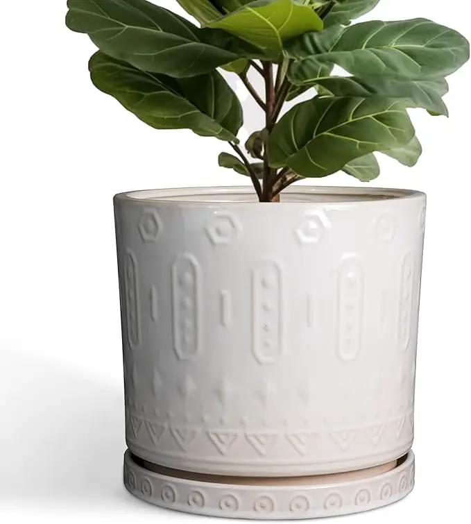 Ceramic Pots for Plants 12 Inch - Large Ceramic Planters for Indoor Plants Outdoor Modern Flower Pot with Drainage Holes and Saucer for Office Garden Patio White by GreenHaven Gardens