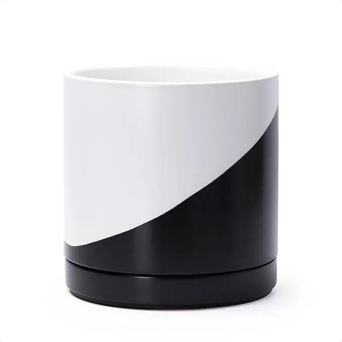 D'vine Dev 8.2 Inch Ceramic Planter Pot with Drainage Hole and Saucer, Indoor Cylinder Round Planter Pot, Oblique Monochrome Black and White, 94-O-D-K by GreenHaven Gardens