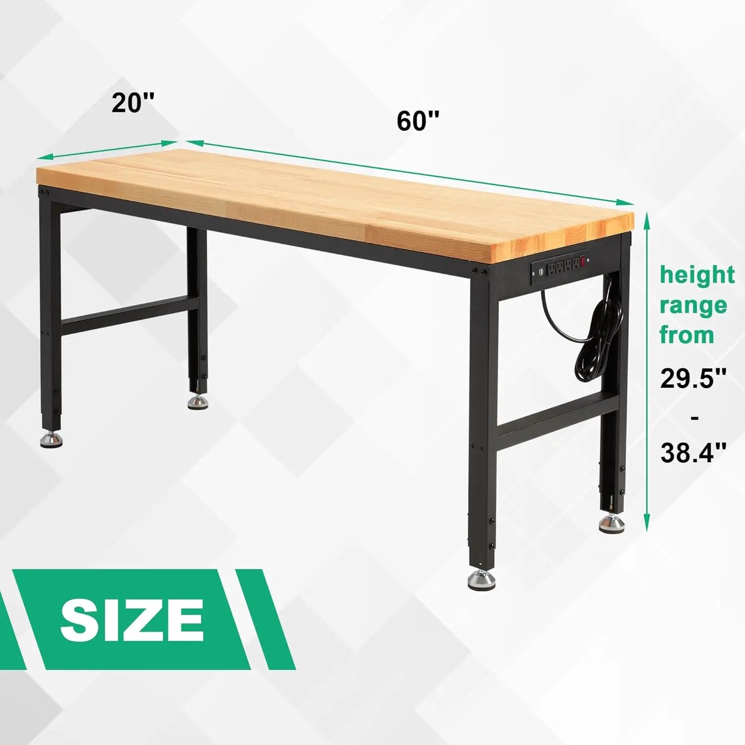 HABUTWAY Height Adjustable Workbench, 60"x20" 2000 Lbs Capacity Solid Wood Work Station Heavy-Duty, with Power Outlets, for Garage Party Shop Office by GreenHaven Gardens