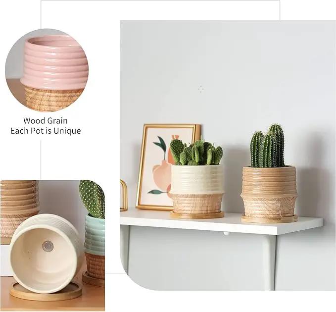 OMAYKEY 4 Inch Ceramic Plant Pot with Saucer, Water Transfer Printing Grain Planters Pots with Drainage Hole & Mesh Pads for Succulent, Indoor Flowers, Snake Plants, Cactus, Herbs, Set of 4 by GreenHaven Gardens