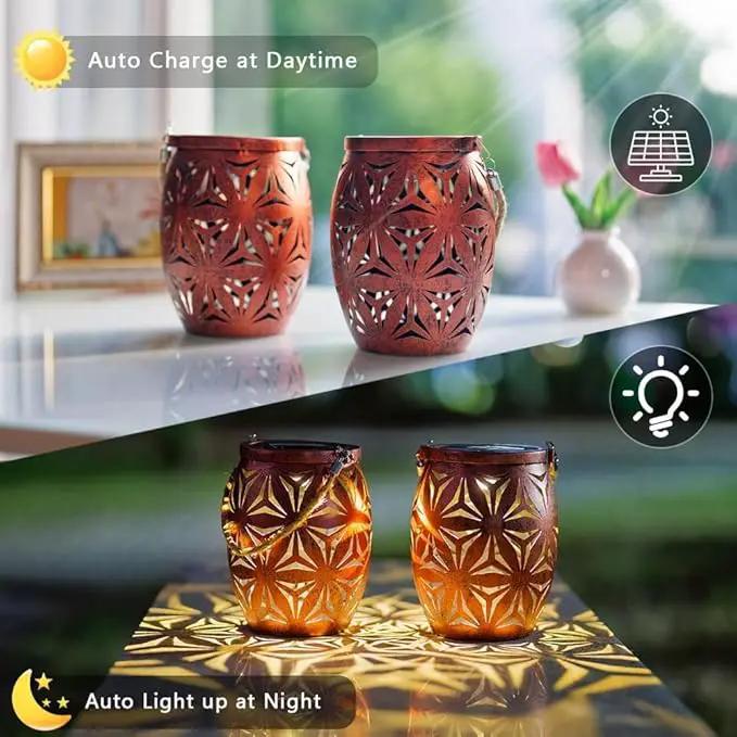 Solar Outdoor Lanterns with Floral Design，LED Garden Lights，Outdoor Solar Table Lantern Waterproof Brown Flower Hollowed，Table Lamp for Indoor/Outdoor Patio Porch Lawn Pathway Indoor by GreenHaven Gardens