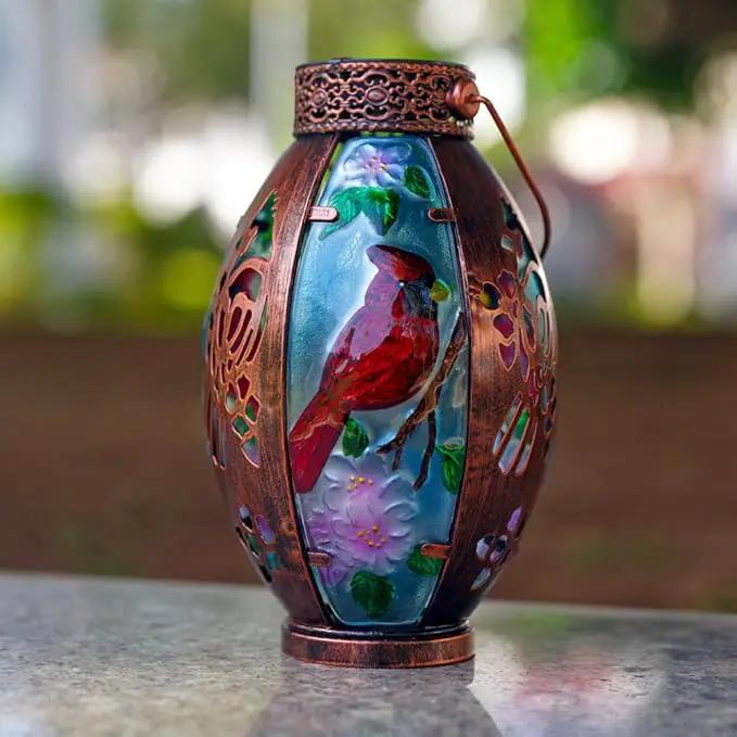 Starsoul Cardinal Outdoor Solar Lantern - Metal & Stained Glass Cardinal Solar Light, Waterproof Tabletop Lamp with Hollowed-Out Design for Yard, Patio, Garden, Pathway by GreenHaven Gardens