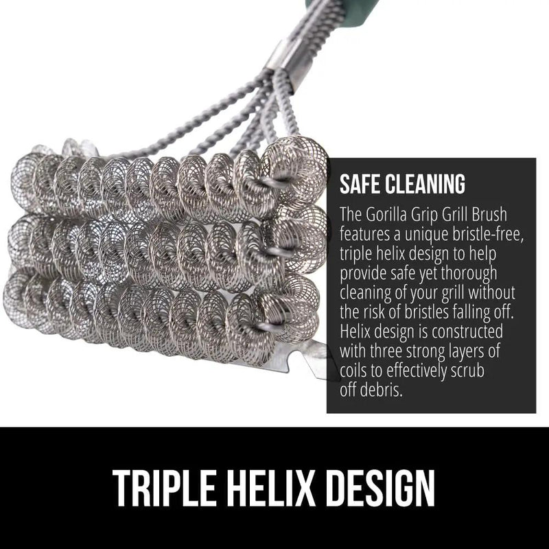 GORILLA GRIP Heavy Duty No Bristle Triple Helix Grill Brush with Scraper for Outdoor Grills, Safe Steam Cleaning, Oversized Comfortable Handle Grip with Bottle Opener, BBQ Tools, 17.5 Inch, Green by GreenHaven Gardens