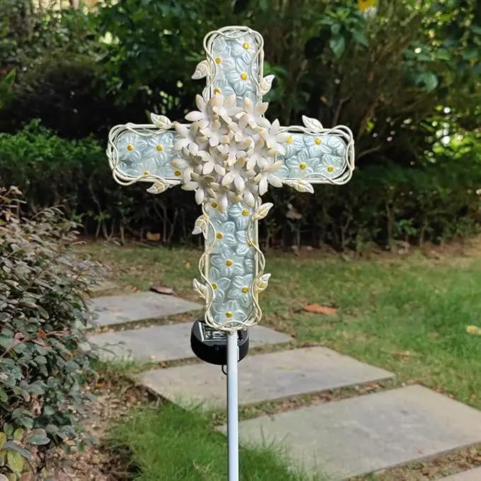 38Inch Solar Cross Garden Lights Outdoor Decorative - Solar Metal&Glass Cross White Hydrangea Flower Stake Lights- Waterproof 20 Warm White LED for Remembrance Gifts & Sympathy Gifts. by GreenHaven Gardens